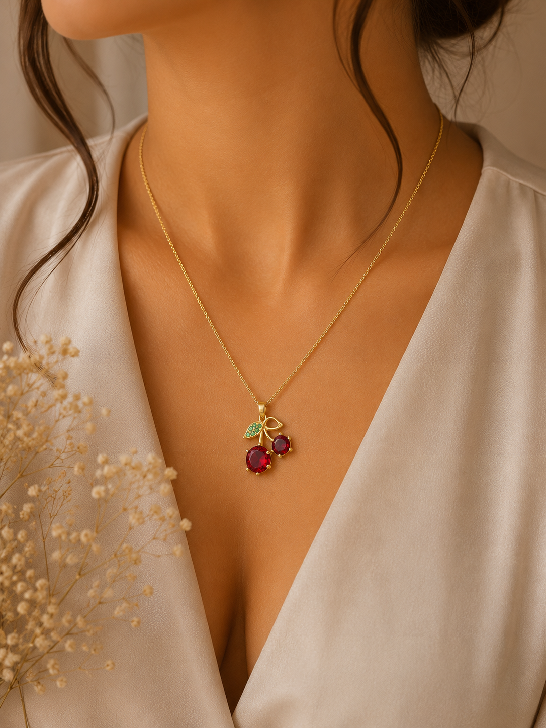 Emerald Leaf Ruby Cherry Necklace