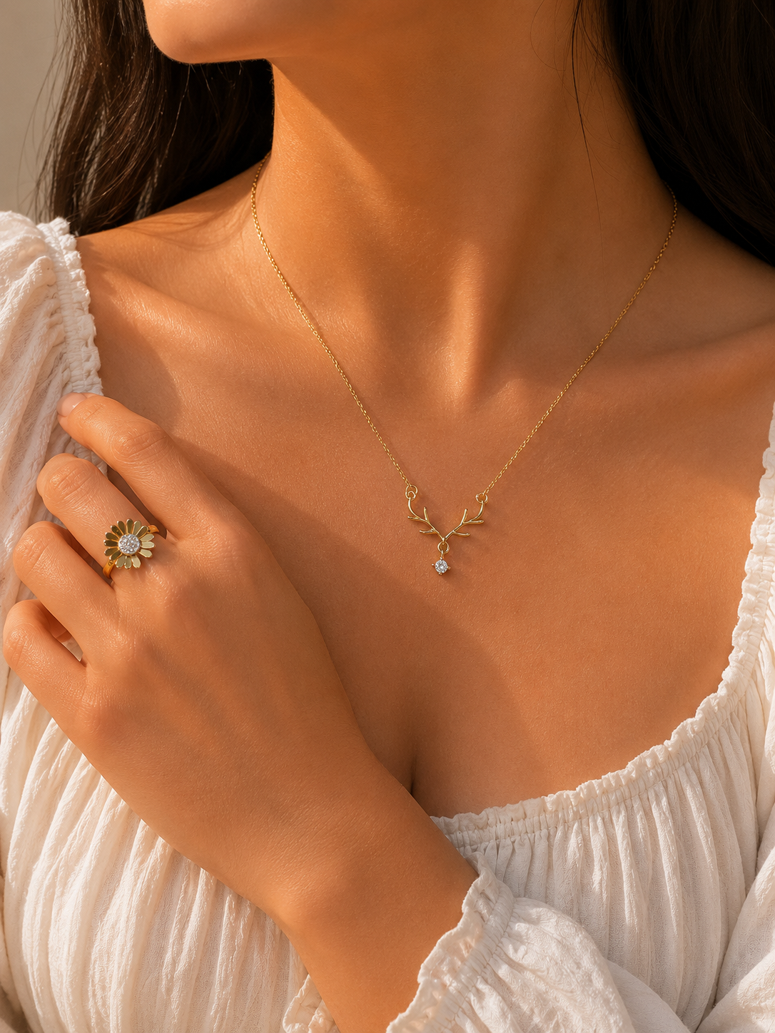 Trendy Deer Necklace & Daisy Ring Set